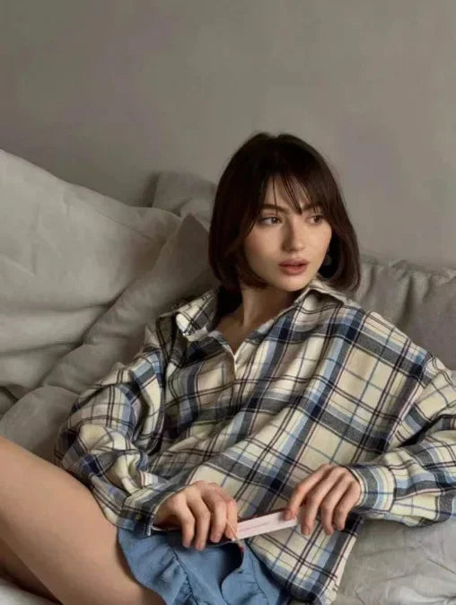 Camisa de cuadros para mujer de franela de manga larga con botones y bolsillos