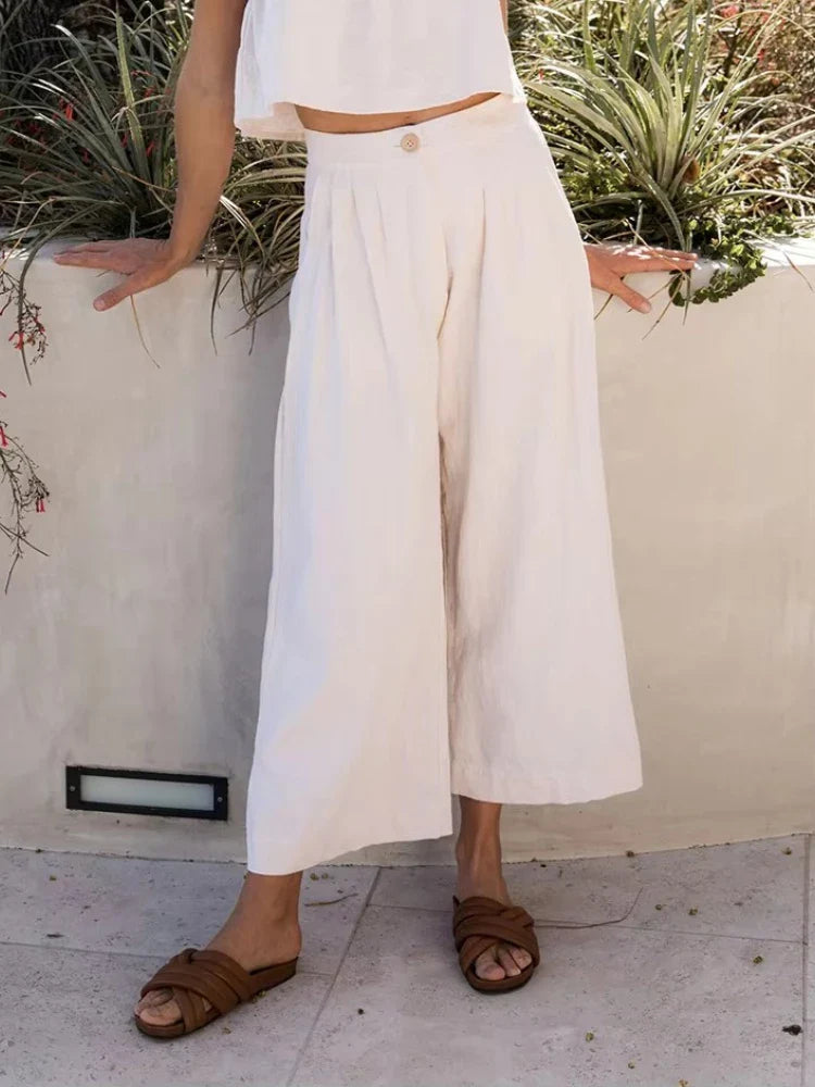 Culotte di lino da donna con vita alta e pieghe frontali