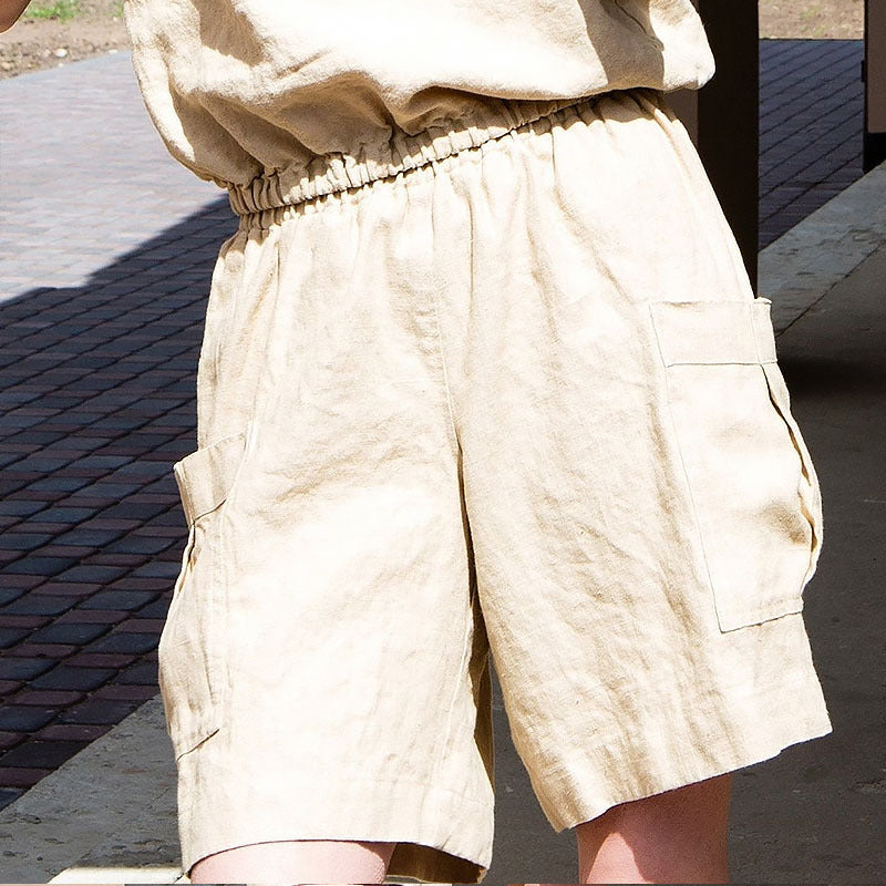 Pantalones Cortos de Lino para Mujer Estilo Cargo con Cintura Alta Elástica