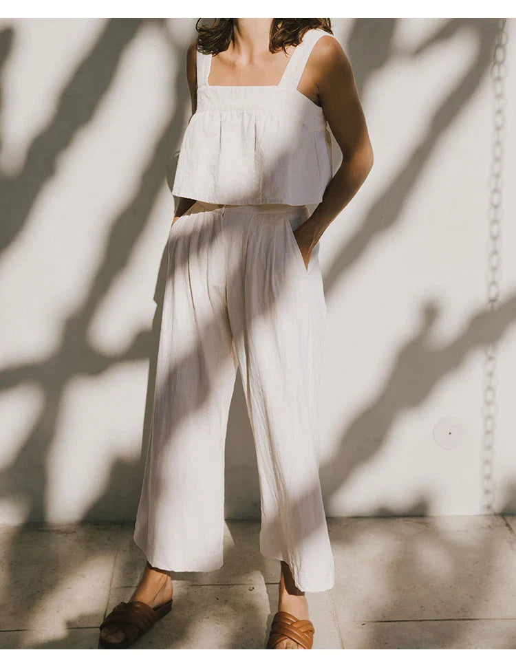 Culotte di lino da donna con vita alta e pieghe frontali