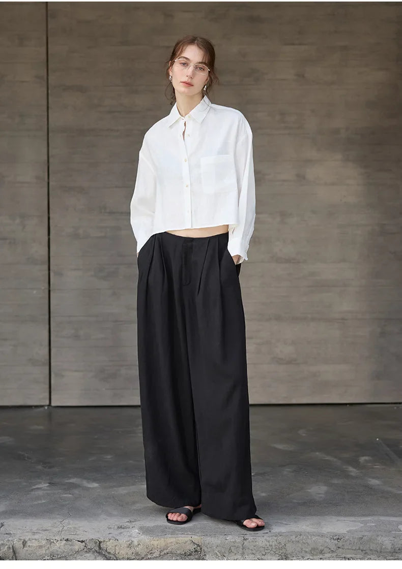 Sobrecamisa de Lino Corta para Mujer de Corte Oversize con Cuello en V y Botones