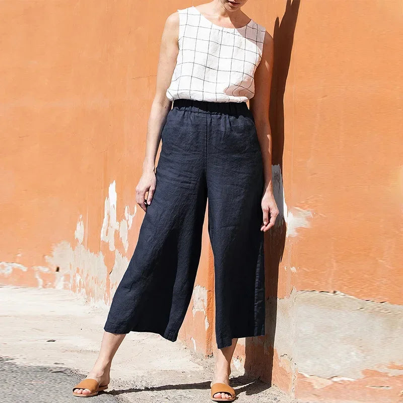 Pantalones de Lino para Mujer de Pierna Ancha con Cintura Elástica y Corte al Tobillo
