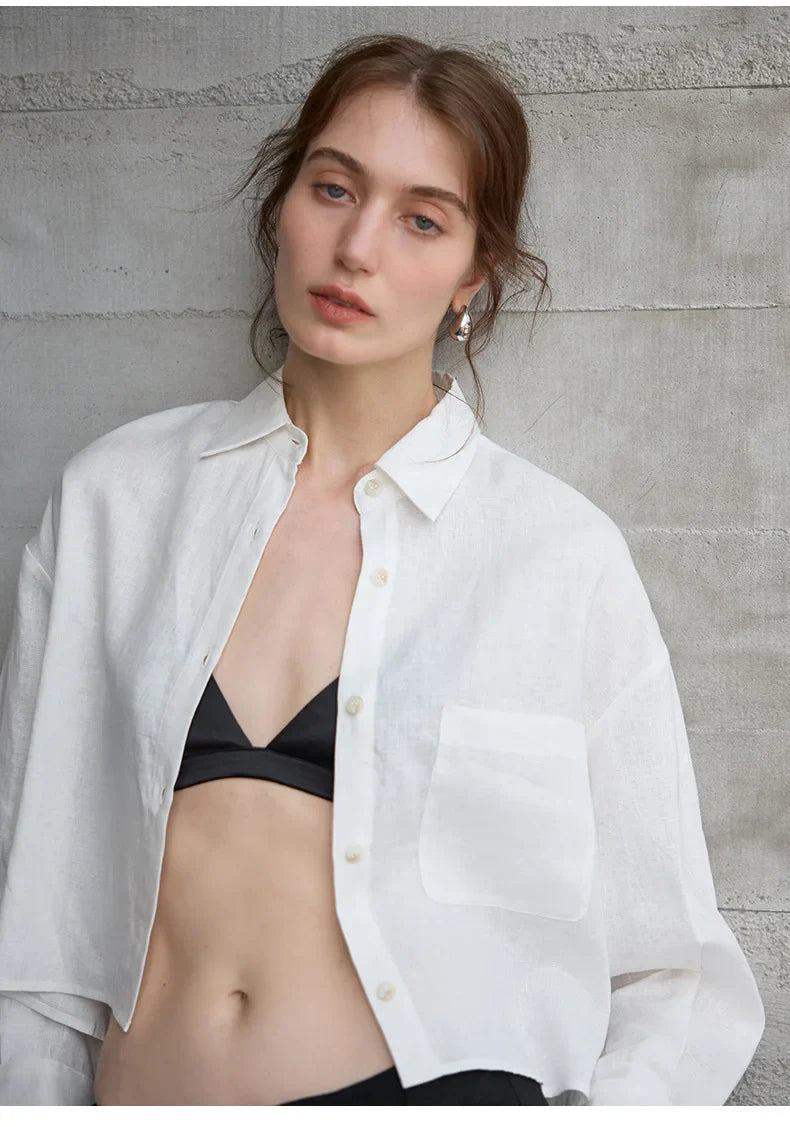 Sobrecamisa de Lino Corta para Mujer de Corte Oversize con Cuello en V y Botones