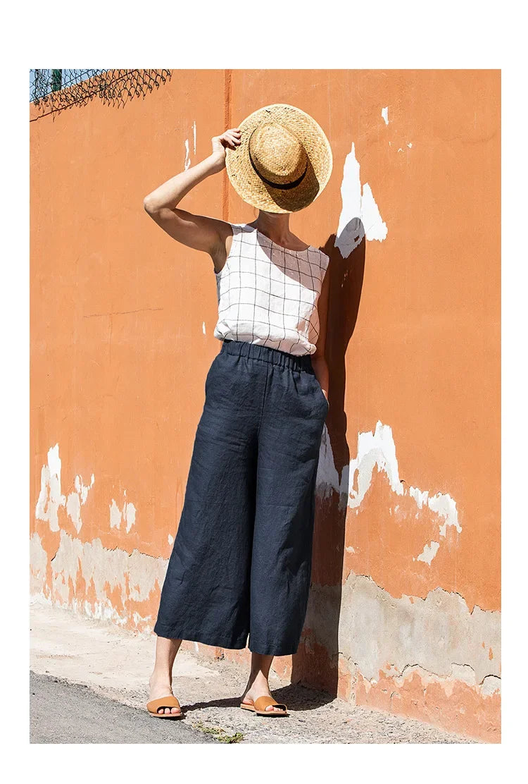 Pantalones de Lino para Mujer de Pierna Ancha con Cintura Elástica y Corte al Tobillo