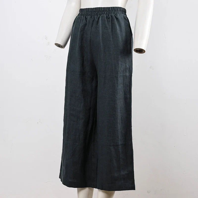 Pantalones de Lino para Mujer de Pierna Ancha con Cintura Elástica y Corte al Tobillo