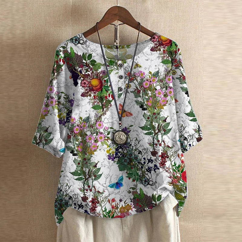 Blusa stampata in stile retrò con collo rotondo e bottoni per donna