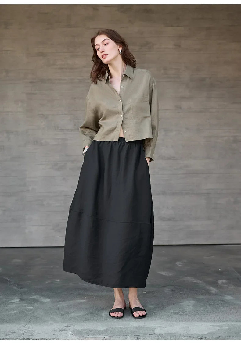 Sobrecamisa de Lino Corta para Mujer de Corte Oversize con Cuello en V y Botones