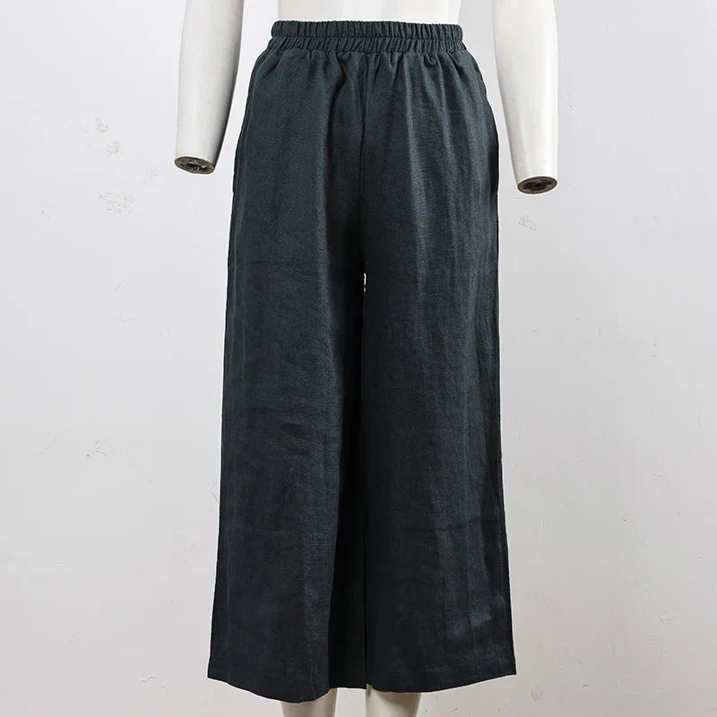Pantalones de Lino para Mujer de Pierna Ancha con Cintura Elástica y Corte al Tobillo