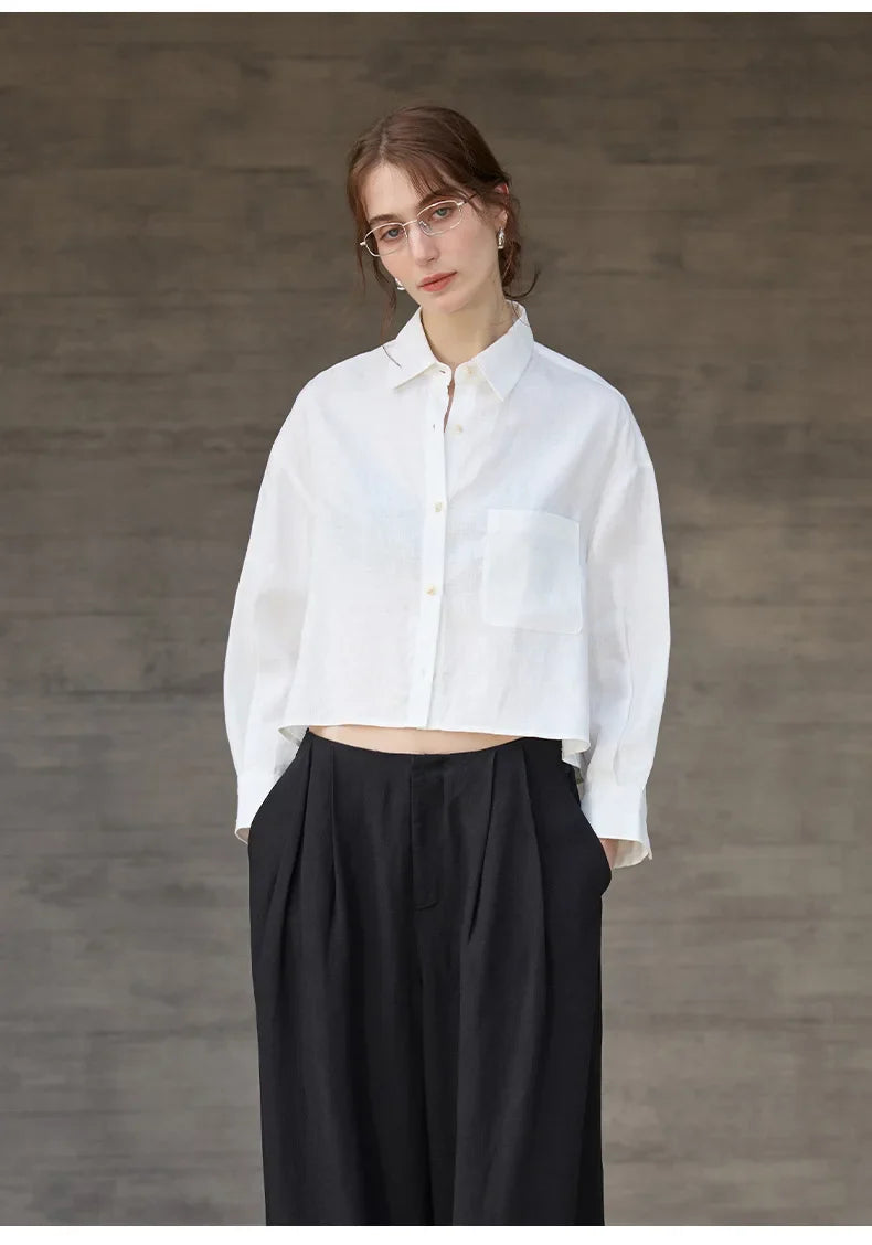 Sobrecamisa de Lino Corta para Mujer de Corte Oversize con Cuello en V y Botones