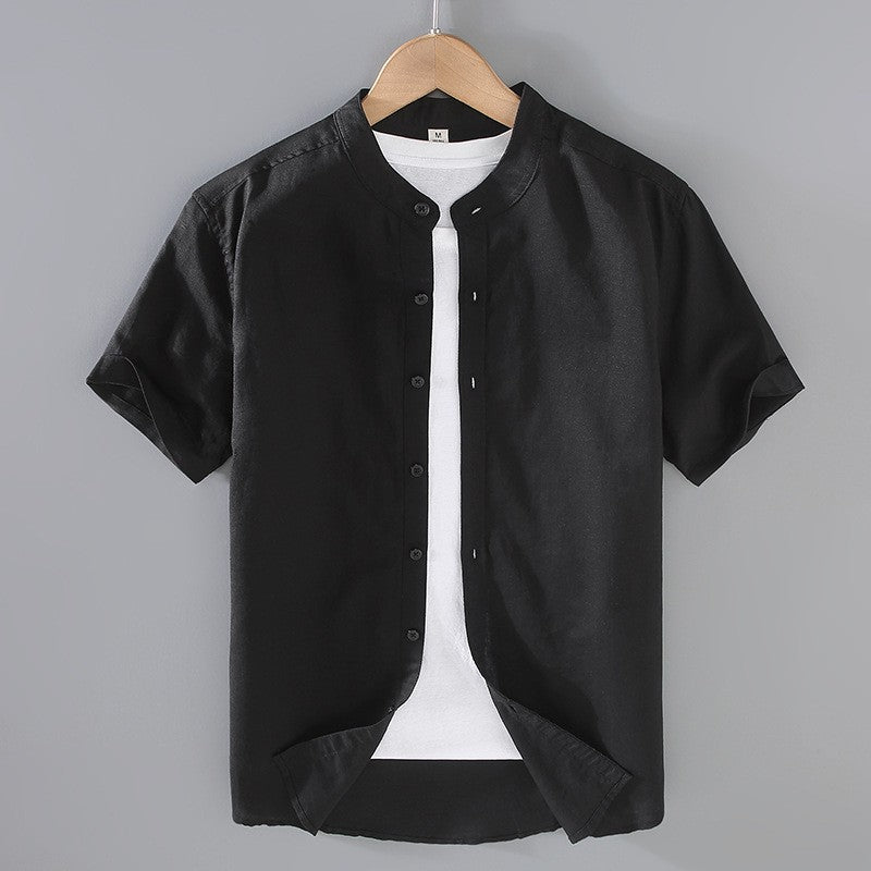 Chemise en lin homme — col mao manches courtes — vêtements décontractés plage