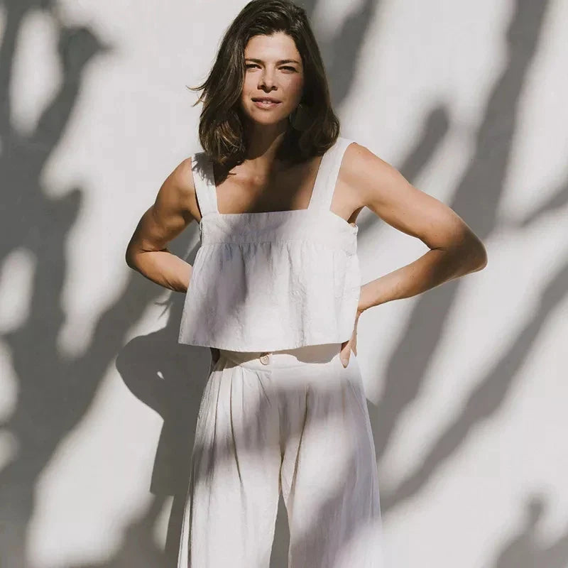 Culotte di lino da donna con vita alta e pieghe frontali