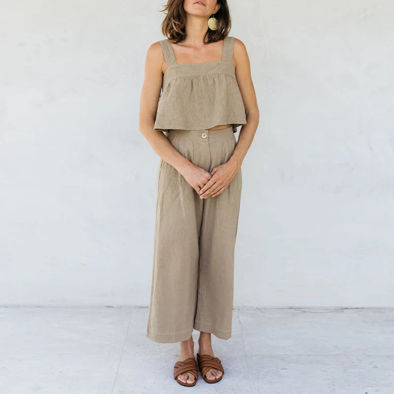 Culotte di lino da donna con vita alta e pieghe frontali