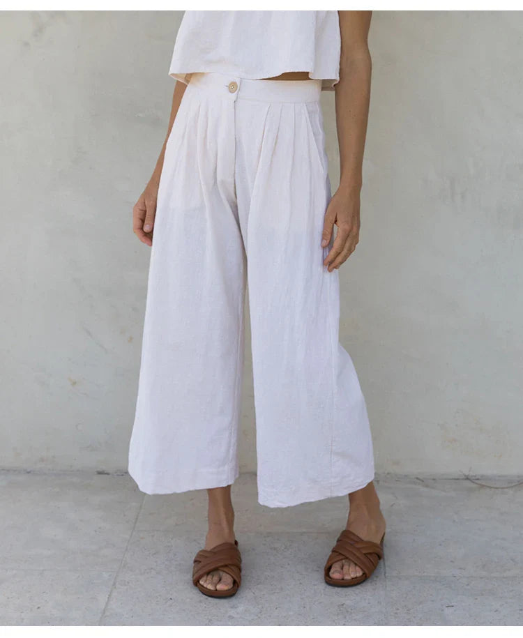 Culotte di lino da donna con vita alta e pieghe frontali