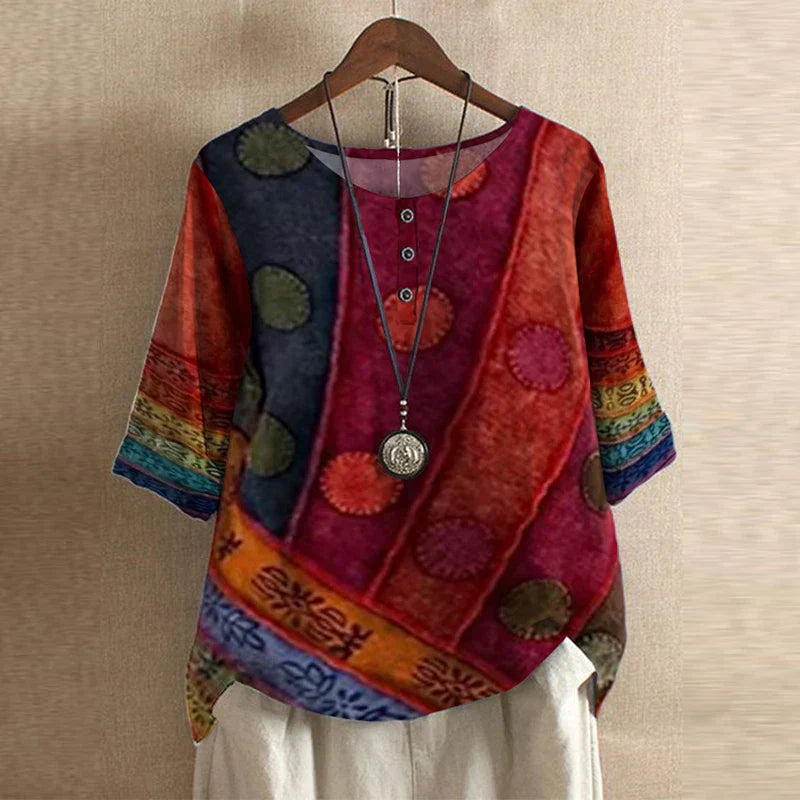 Blusa Estampada de Estilo Retro con Cuello Redondo y Botones para Mujer