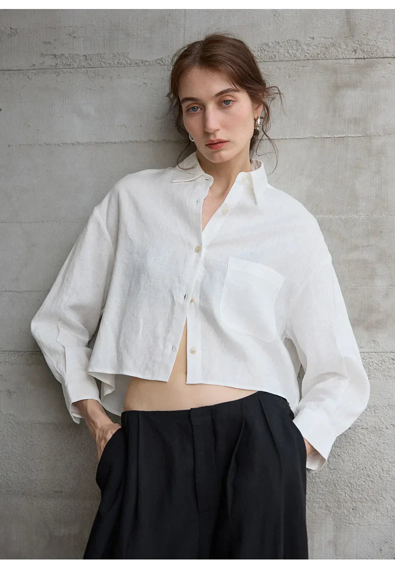 Sobrecamisa de Lino Corta para Mujer de Corte Oversize con Cuello en V y Botones