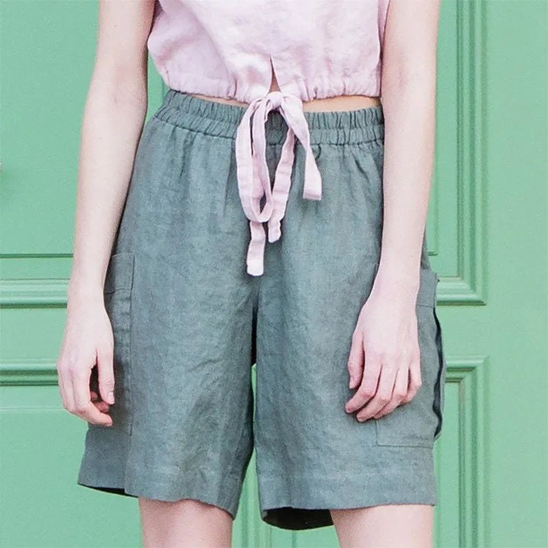 Pantalones Cortos de Lino para Mujer Estilo Cargo con Cintura Alta Elástica