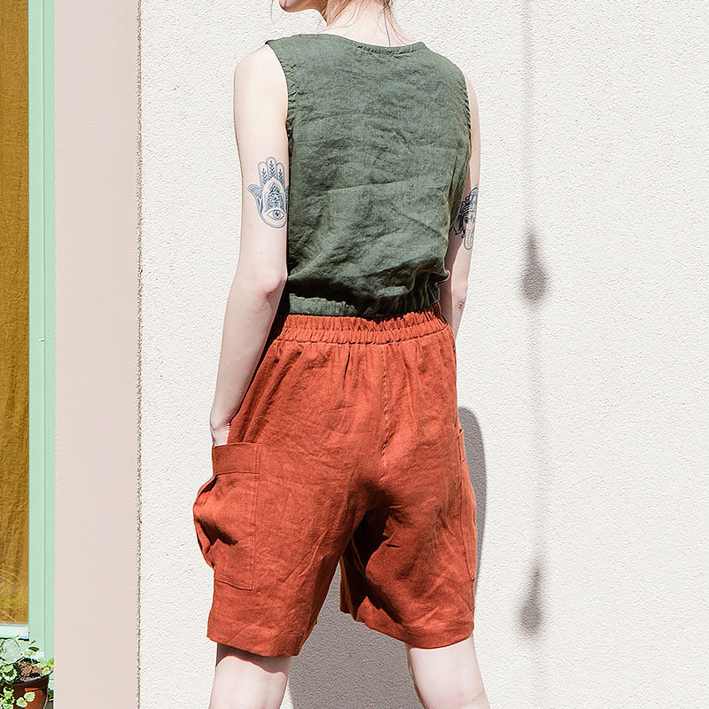 Pantalones Cortos de Lino para Mujer Estilo Cargo con Cintura Alta Elástica