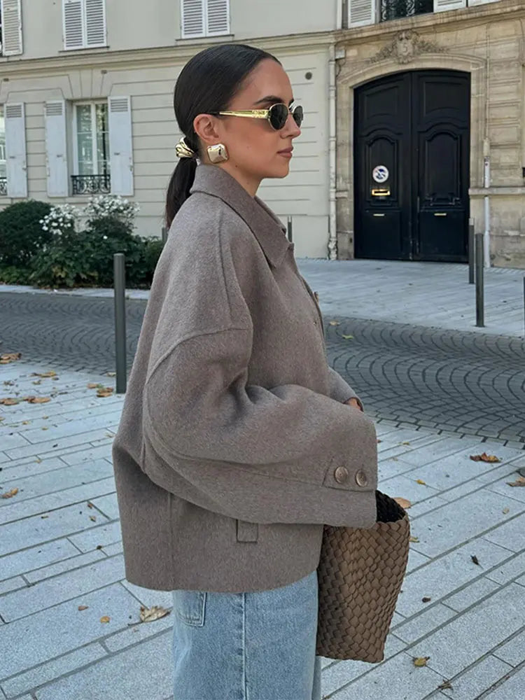 Chaqueta Corta de Mezcla de Lana con Cuello de Solapa y Mangas Oversize para Mujer