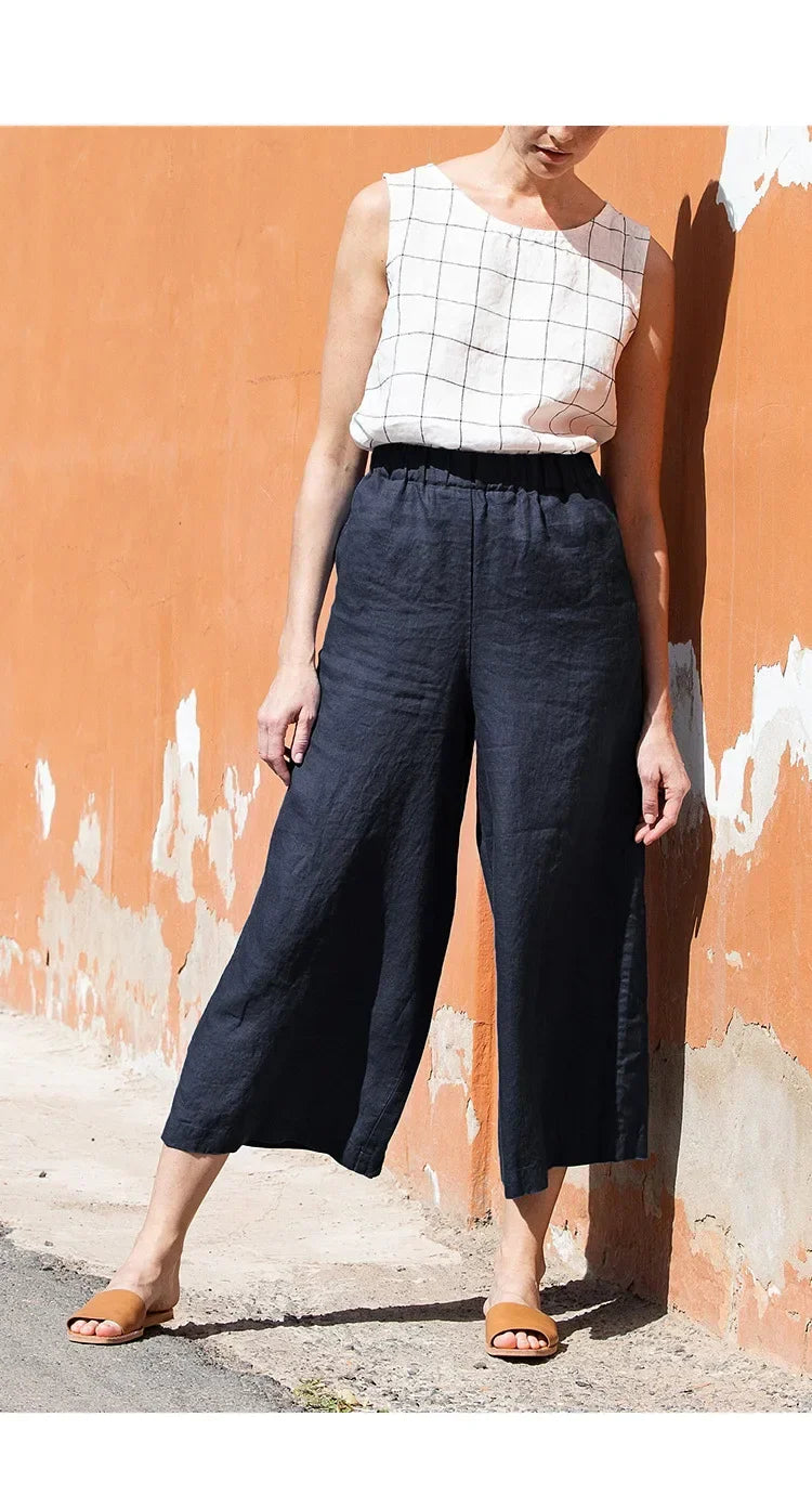 Pantalones de Lino para Mujer de Pierna Ancha con Cintura Elástica y Corte al Tobillo