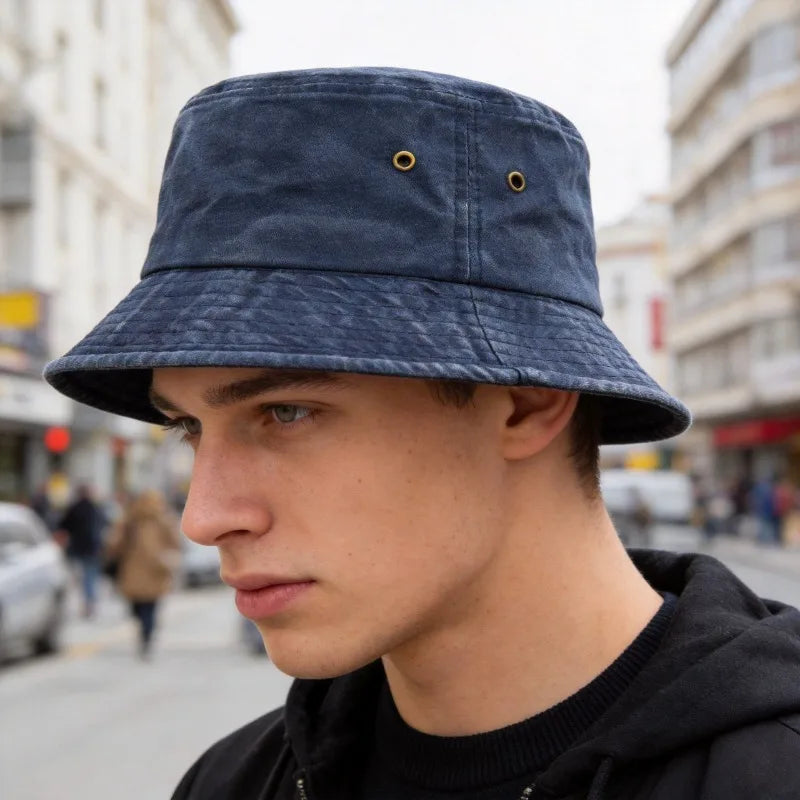 Unisex bavlněný vypraný rybářský klobouk na slunce, neformální bucket hat