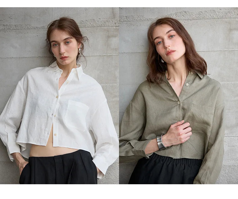 Sobrecamisa de Lino Corta para Mujer de Corte Oversize con Cuello en V y Botones