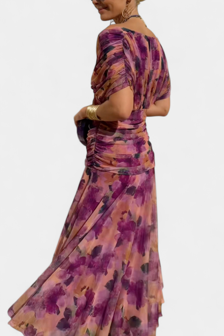 Vestido comprido para mulher — decote em V e corpo franzido — casamento