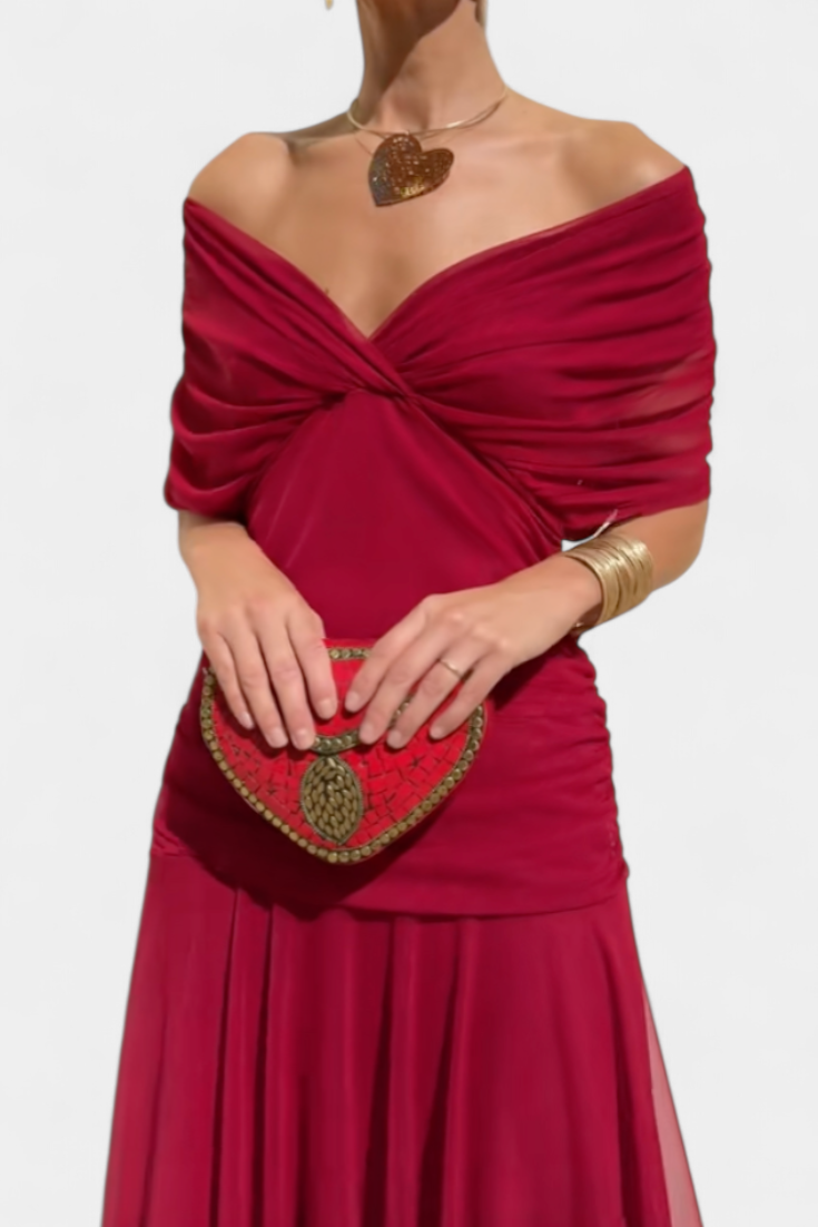 Vestido comprido para mulher — decote em V e corpo franzido — casamento