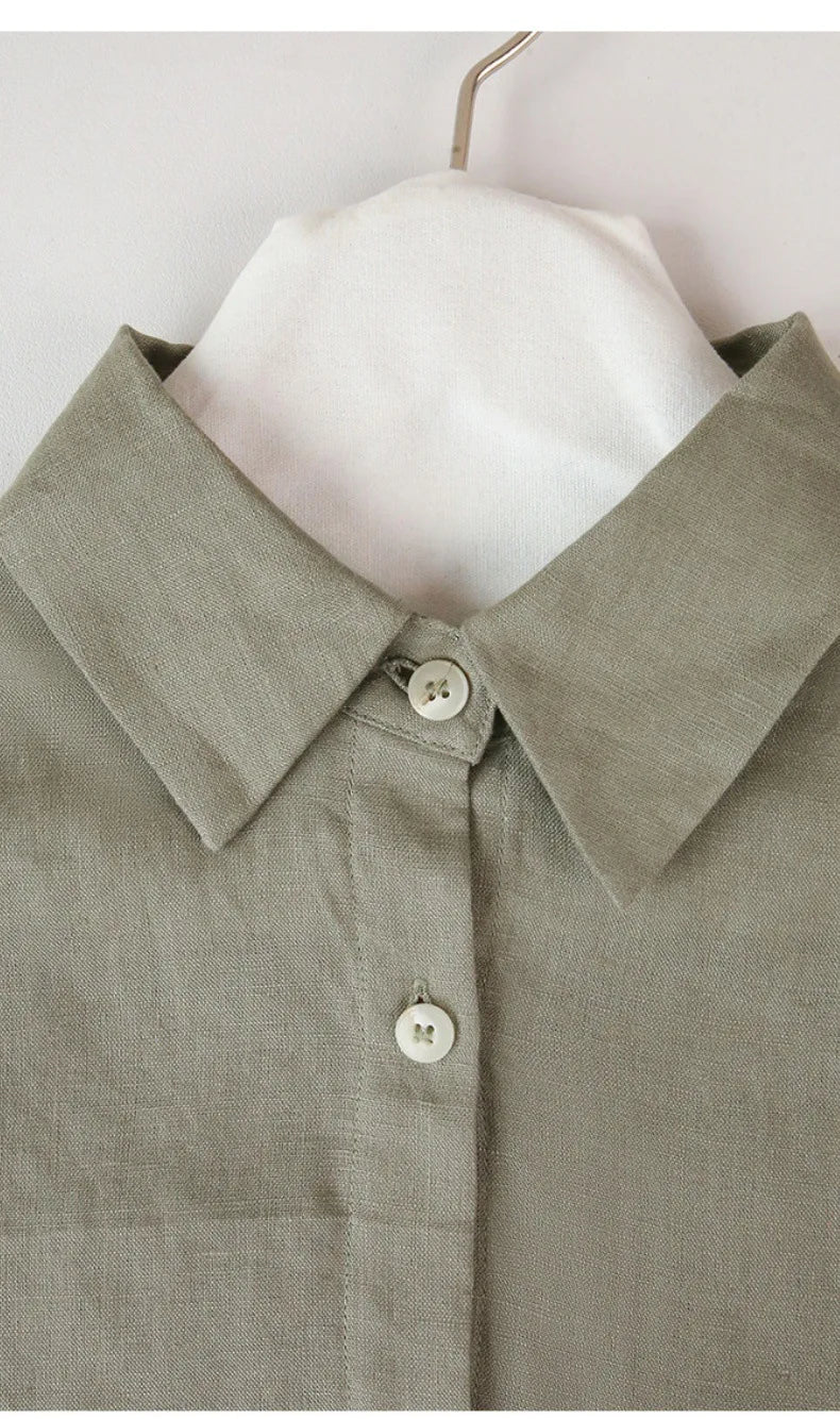 Sobrecamisa de Lino Corta para Mujer de Corte Oversize con Cuello en V y Botones