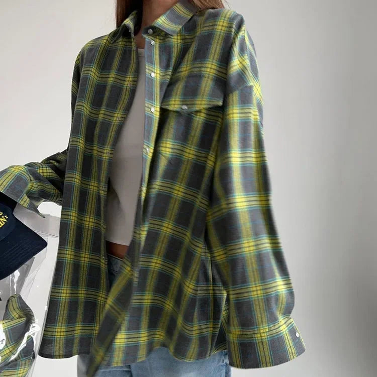Camisa de cuadros para mujer de franela de manga larga con botones y bolsillos