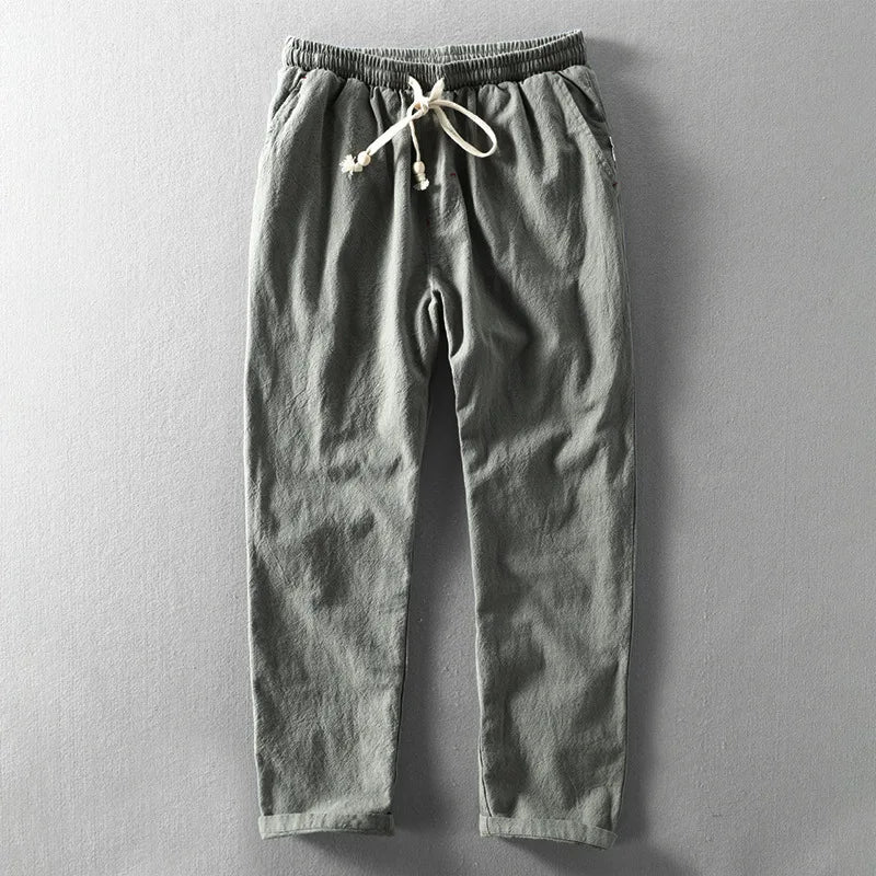 Pantalones de Lino para Hombre de Corte Recto con Cintura Elástica y Cordón Ajustable