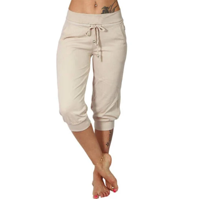 Pantalones Capri de Mezcla Ligera con Cintura Elástica y Cordón Ajustable