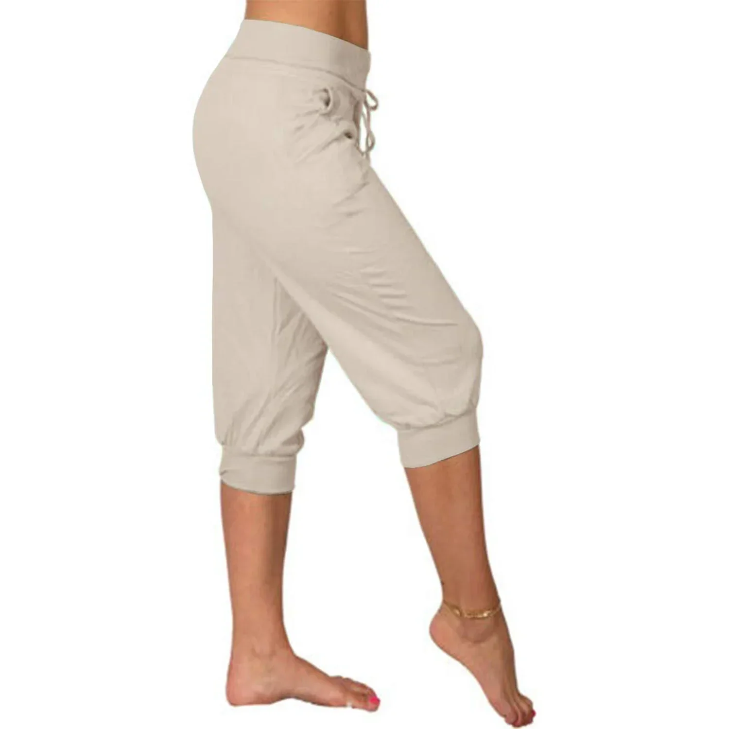 Pantalones Capri de Mezcla Ligera con Cintura Elástica y Cordón Ajustable