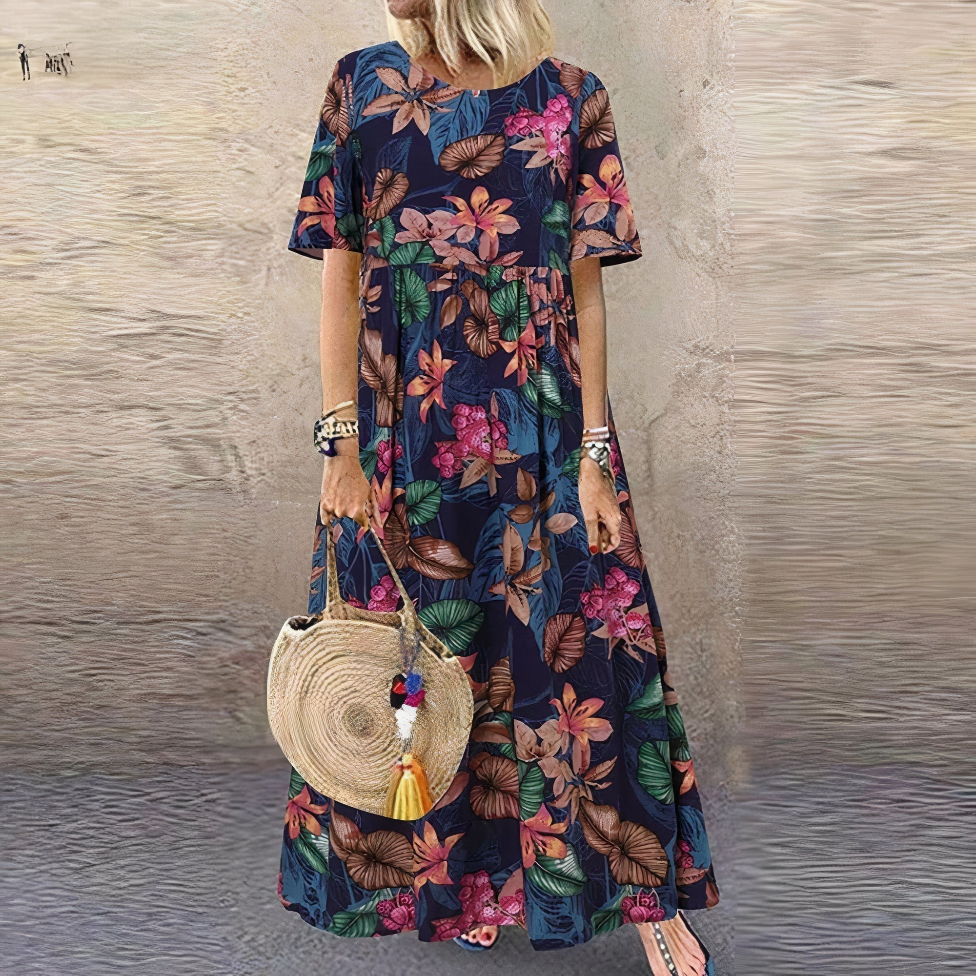 Rochie lungă cu guler rotund și imprimeu floral vibrant pentru femei