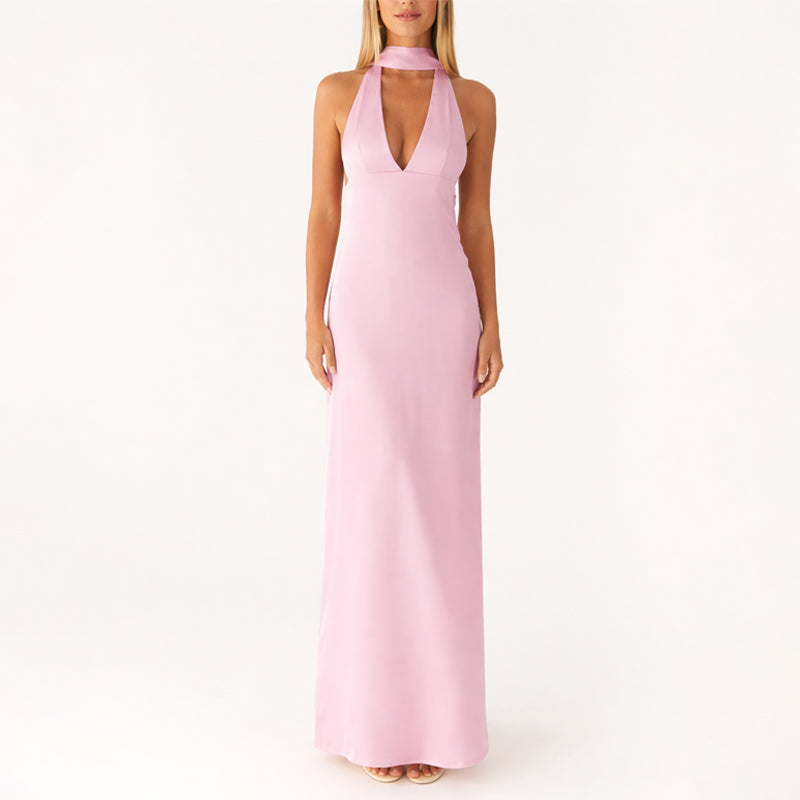 Vestido Largo Ajustado de Poliéster con Cuello Halter y Escote en V Profundo