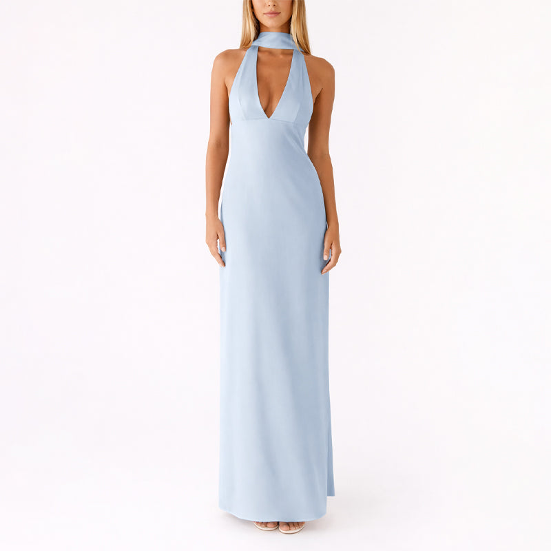 Vestido Largo Ajustado de Poliéster con Cuello Halter y Escote en V Profundo