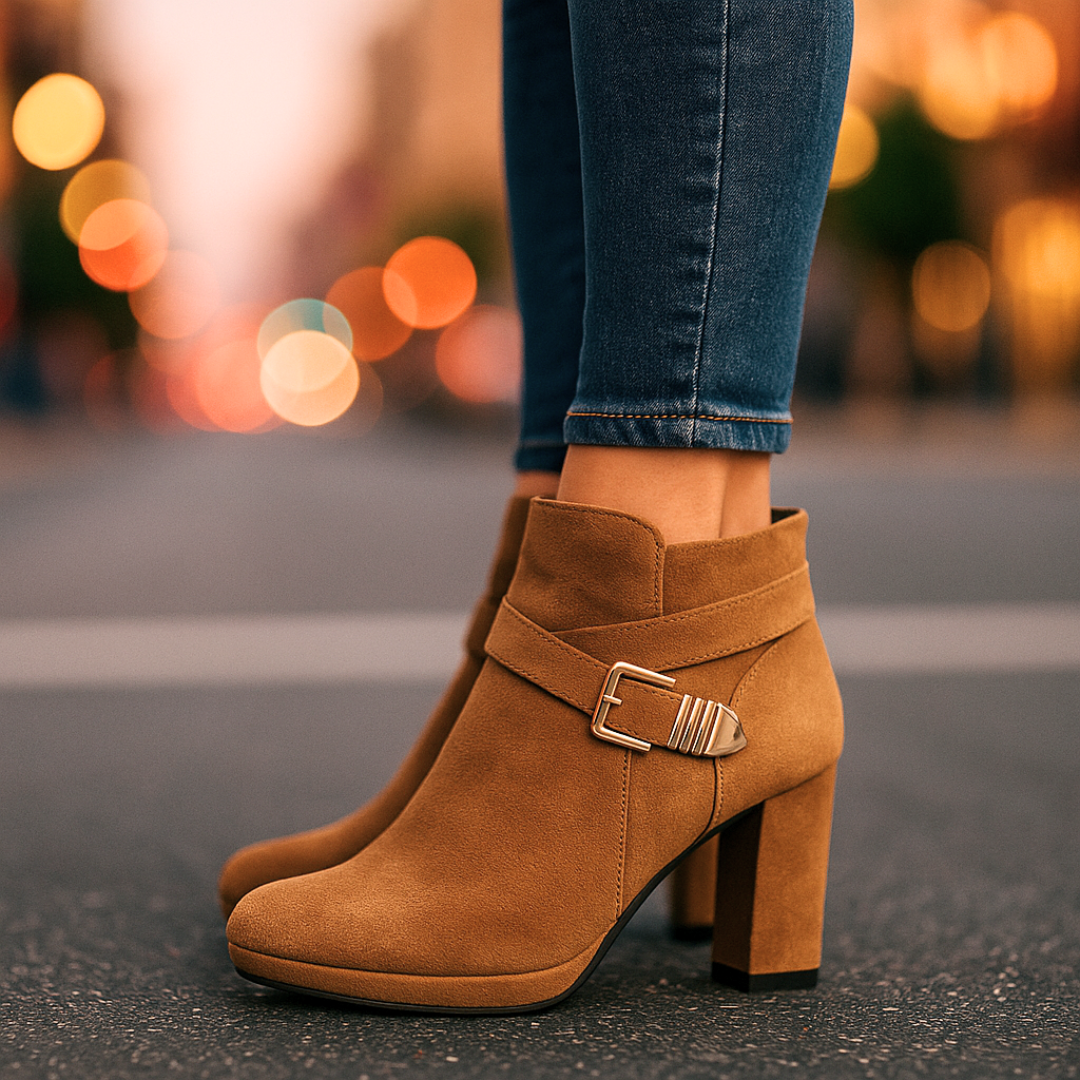 Botine cu Toc Gros pentru Femei cu Cataramă și Talpă Antiderapantă de Cauciuc