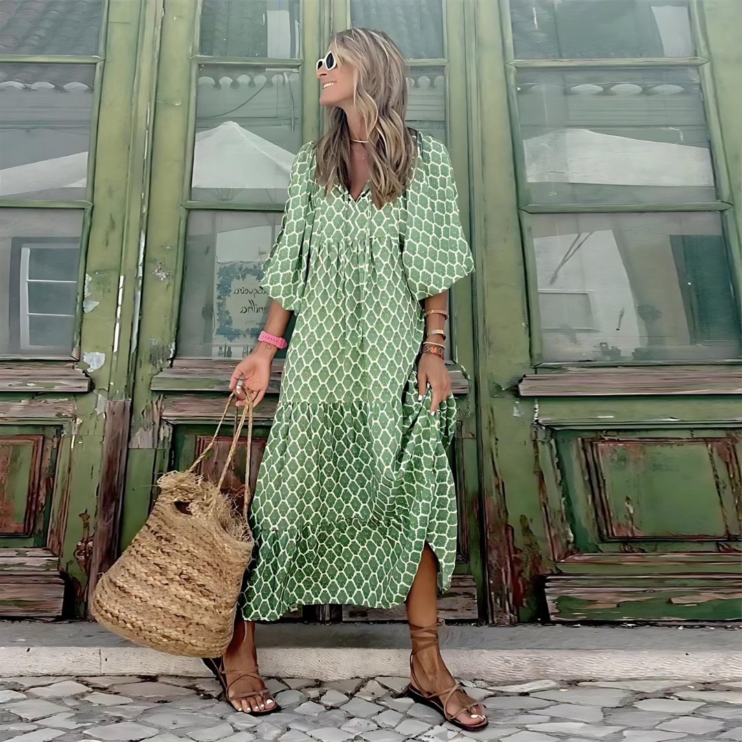 Robe longue bohème à imprimé géométrique et col en V pour femme