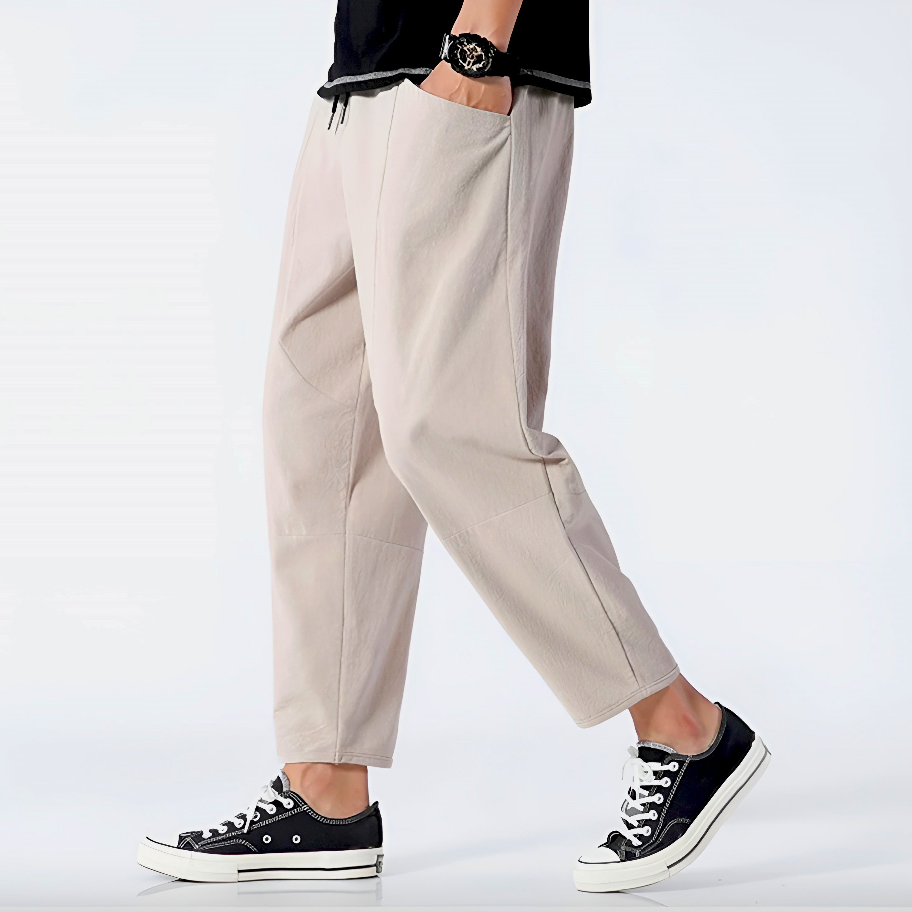 Pantalones Capri de Algodón y Lino para Hombre con Cintura de Cordón Ajustable