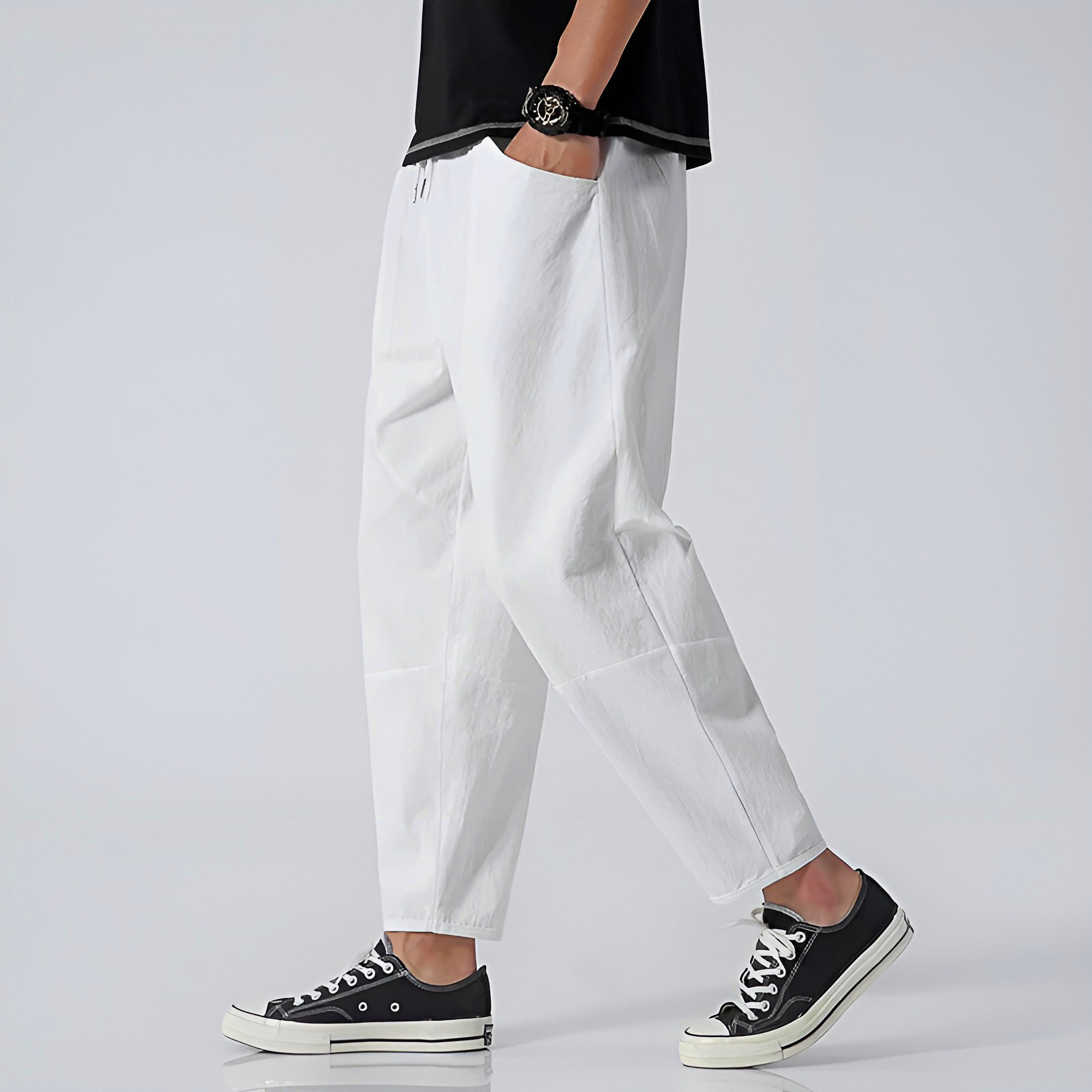 Pantalones Capri de Algodón y Lino para Hombre con Cintura de Cordón Ajustable