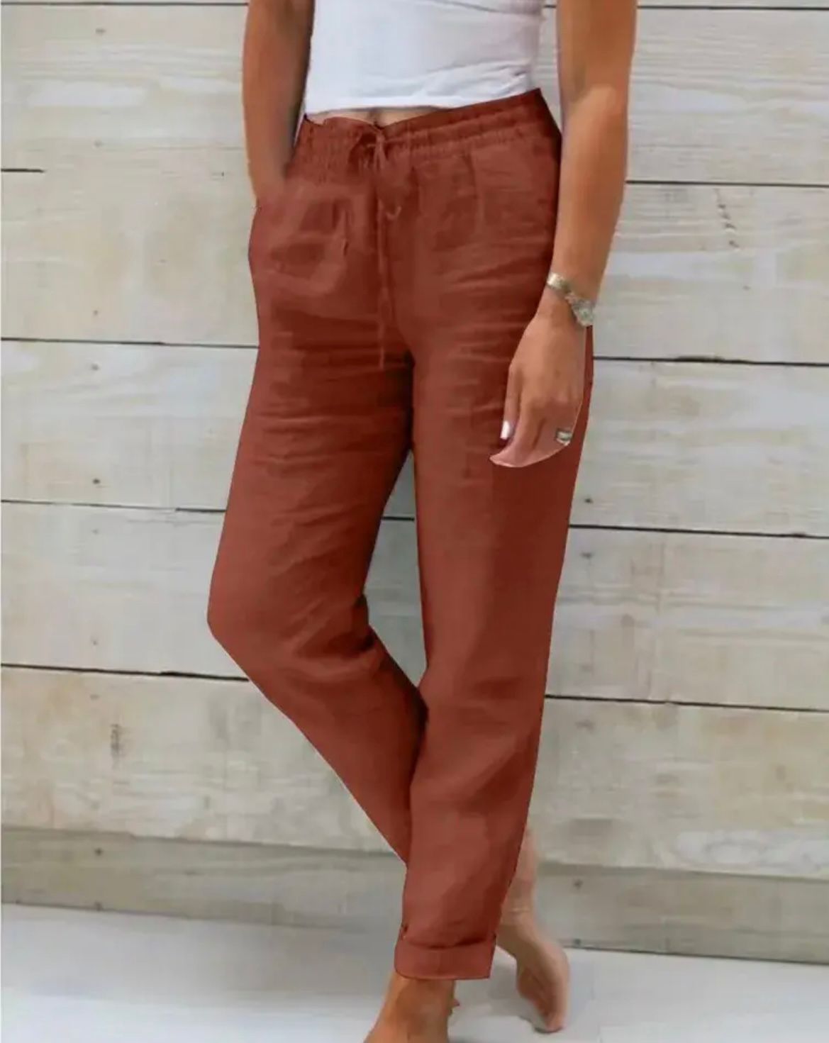 Pantalones de Lino y Algodón con Cintura Elástica y Cordón para Mujer