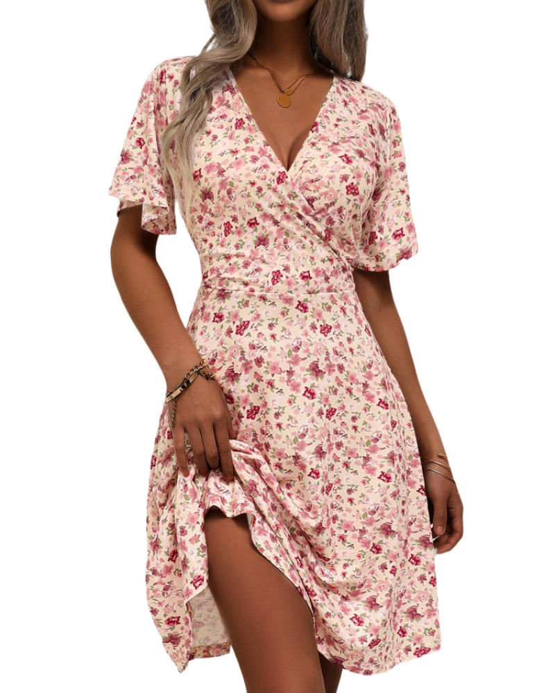 Vestido curto de mulher | corte cruzado | decote em V | para eventos de verão