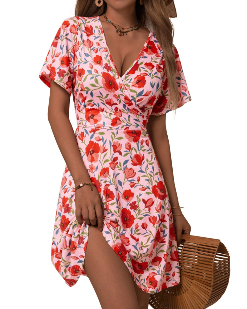 Vestido curto de mulher | corte cruzado | decote em V | para eventos de verão