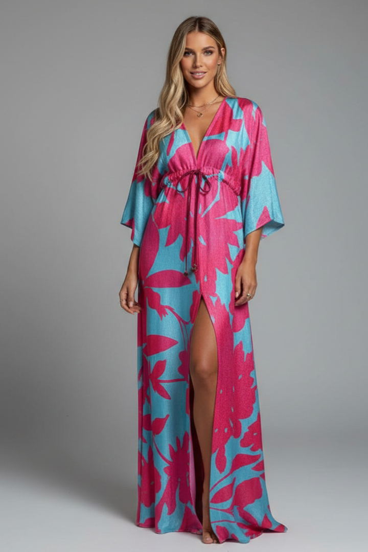 Vestido largo para mujer - maxi vestido con escote en V y mangas murciélago