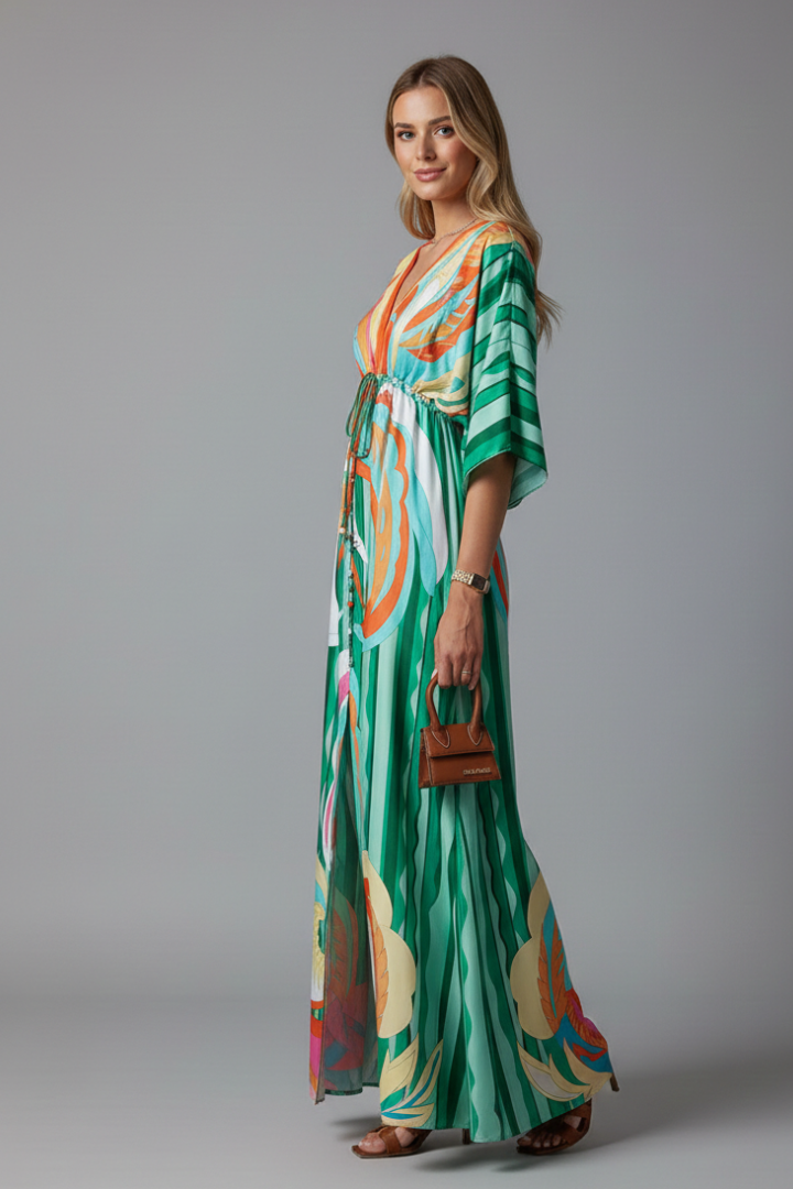 Vestido largo para mujer - maxi vestido con escote en V y mangas murciélago