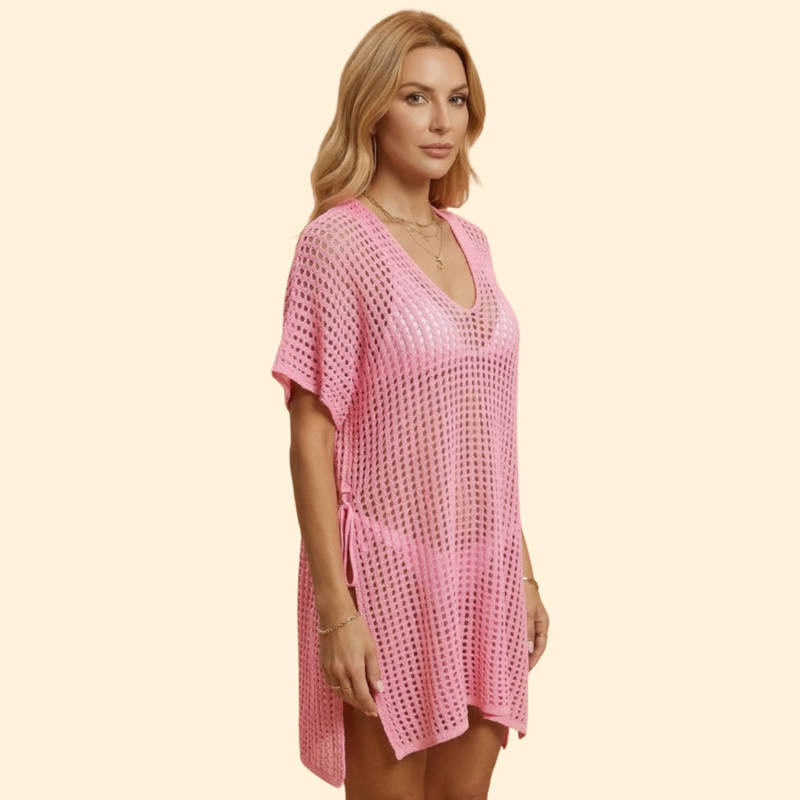 Vestido de Playa para Mujer Women's Beach Cover Up de Punto Calado con Manga Corta