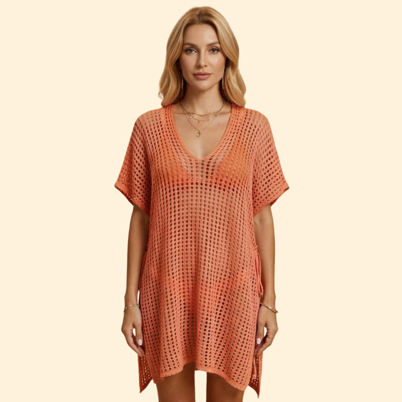 Vestido de Playa para Mujer Women's Beach Cover Up de Punto Calado con Manga Corta