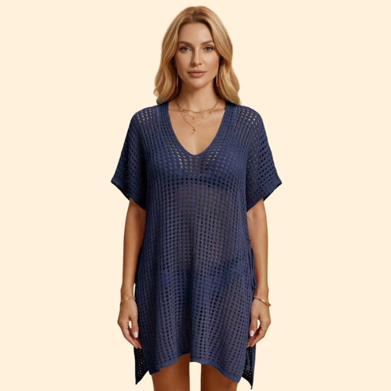 Vestido de Playa para Mujer Women's Beach Cover Up de Punto Calado con Manga Corta