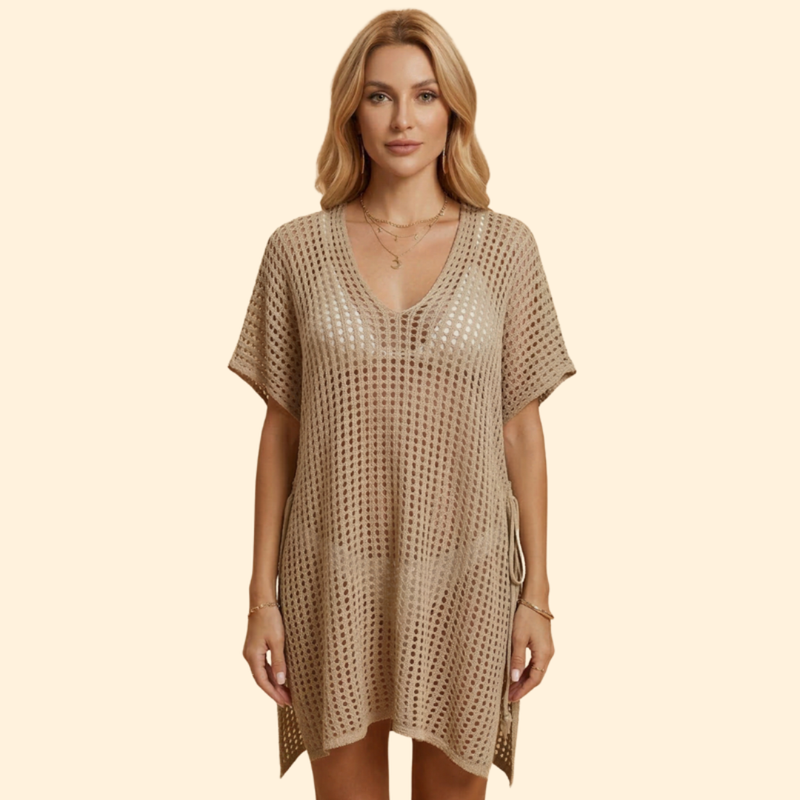 Vestido de Playa para Mujer Women's Beach Cover Up de Punto Calado con Manga Corta