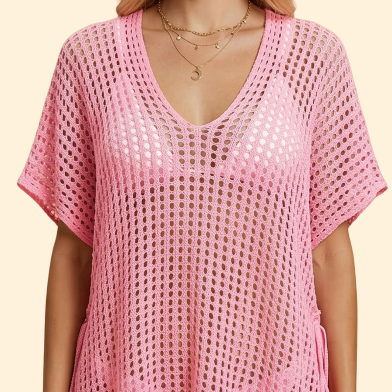 Vestido de Playa para Mujer Women's Beach Cover Up de Punto Calado con Manga Corta