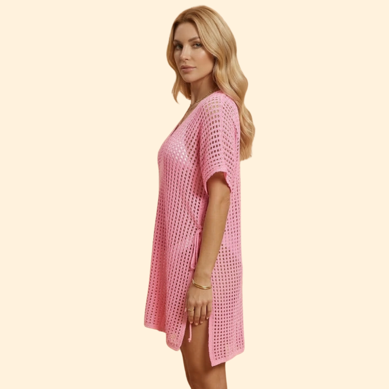 Vestido de Playa para Mujer Women's Beach Cover Up de Punto Calado con Manga Corta
